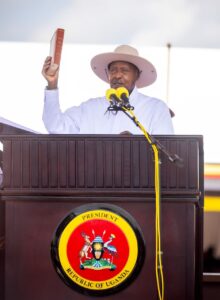 Faure Gnassingbé and Yoweri Museveni at the 2026 Ugandan presidential inauguration ceremony