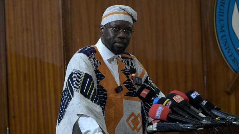 Senegalese Prime Minister Ousmane Sonko delivering a speech at Cheikh Anta Diop University in Dakar on May 16, 2024