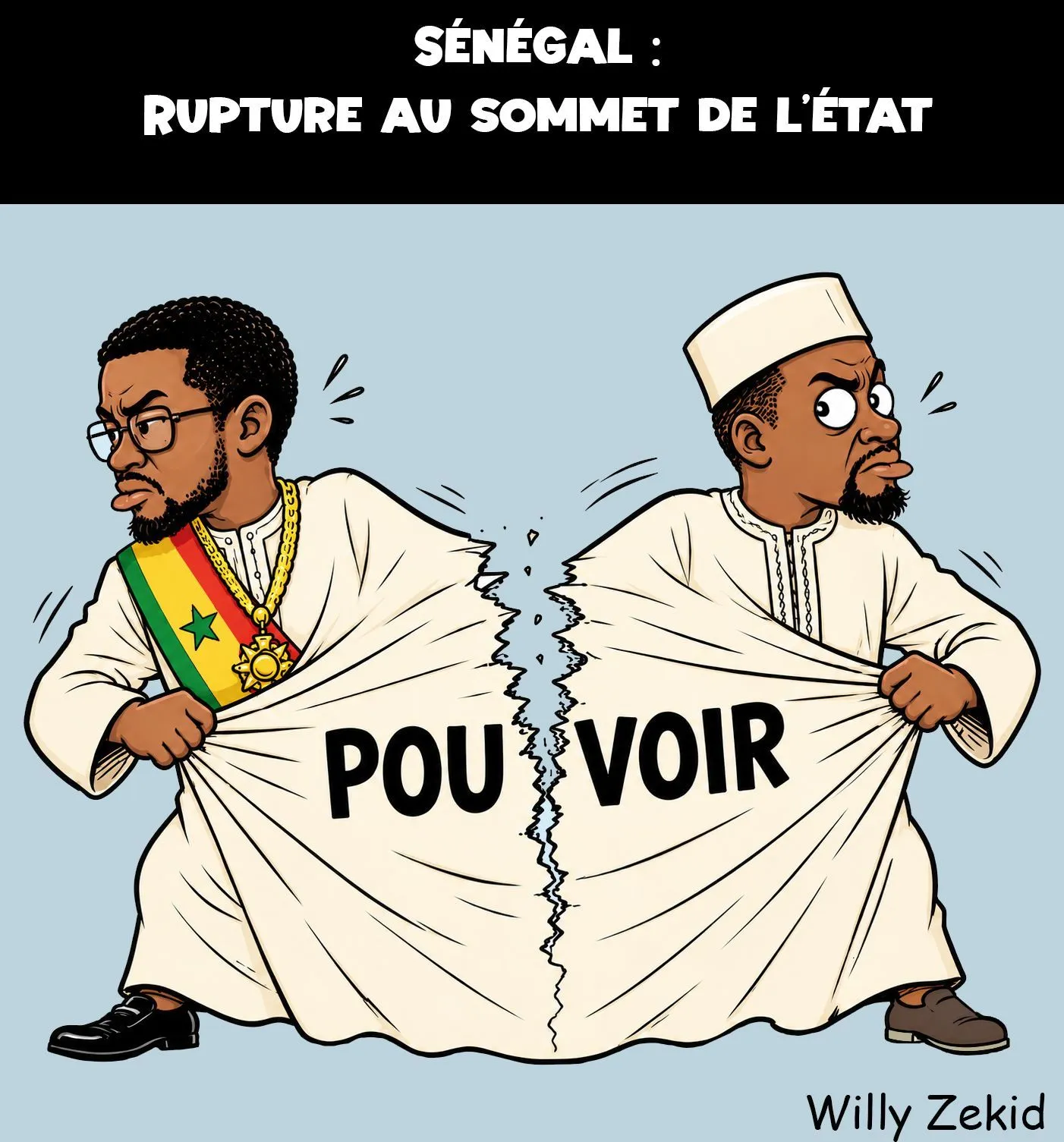 Caricature showing Ousmane Sonko and Bassirou Diomaye Faye tearing apart a garment symbolizing their fractured political alliance