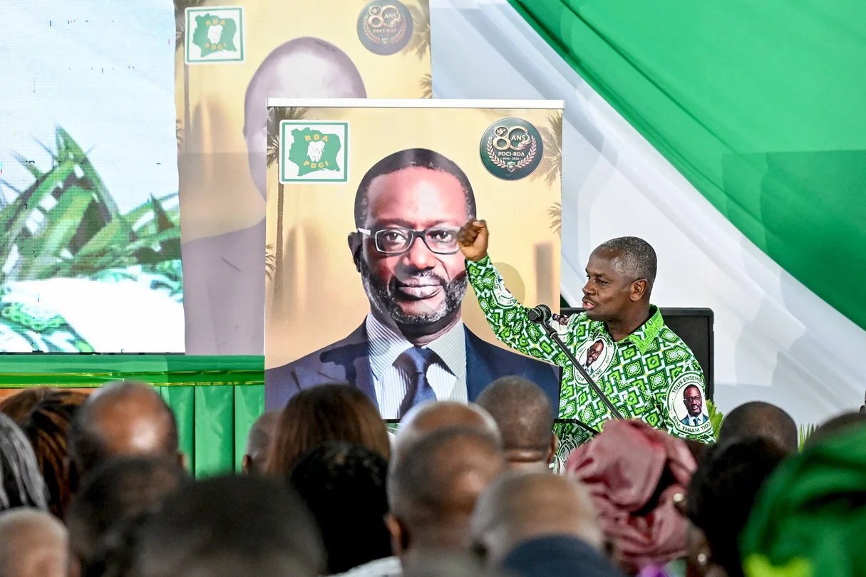 Calice Yapo Yapo, PDCI's executive secretary, during the party's 80th anniversary celebration on April 9, 2026, in Abidjan. © Issouf SANOGO/AFP