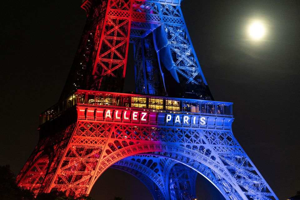 Eiffel Tower glowing in PSG colors ahead of the Champions League final