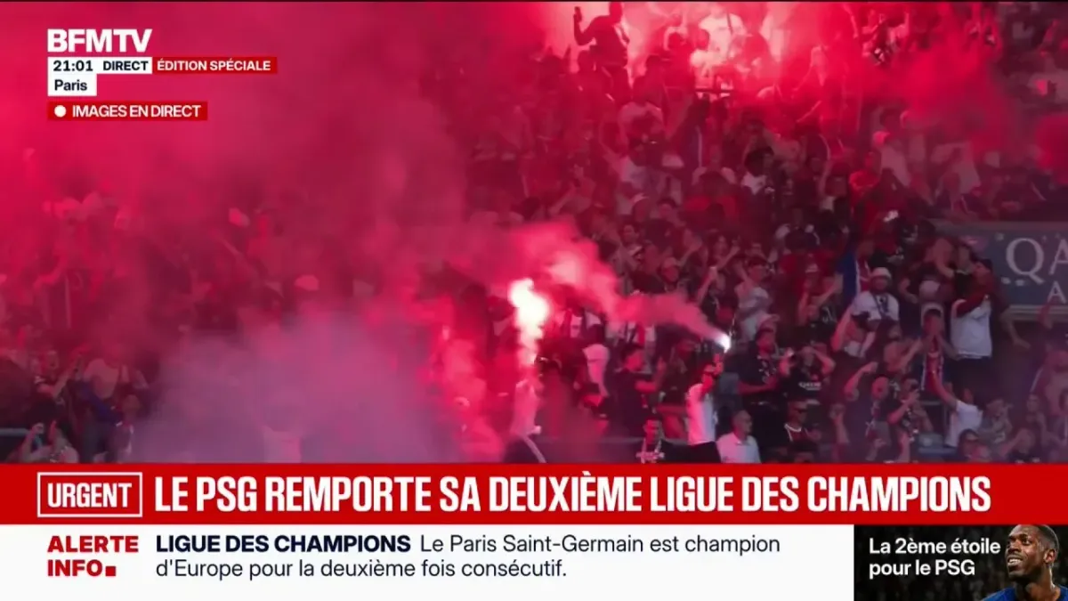 PSG players celebrating Champions League victory with fans in Paris