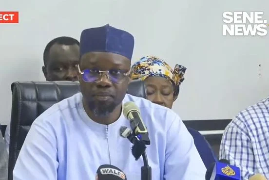 Ousmane Sonko speaking at a press conference