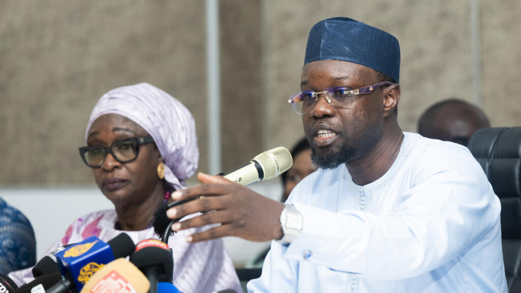 Ousmane Sonko speaking at a press conference in Dakar