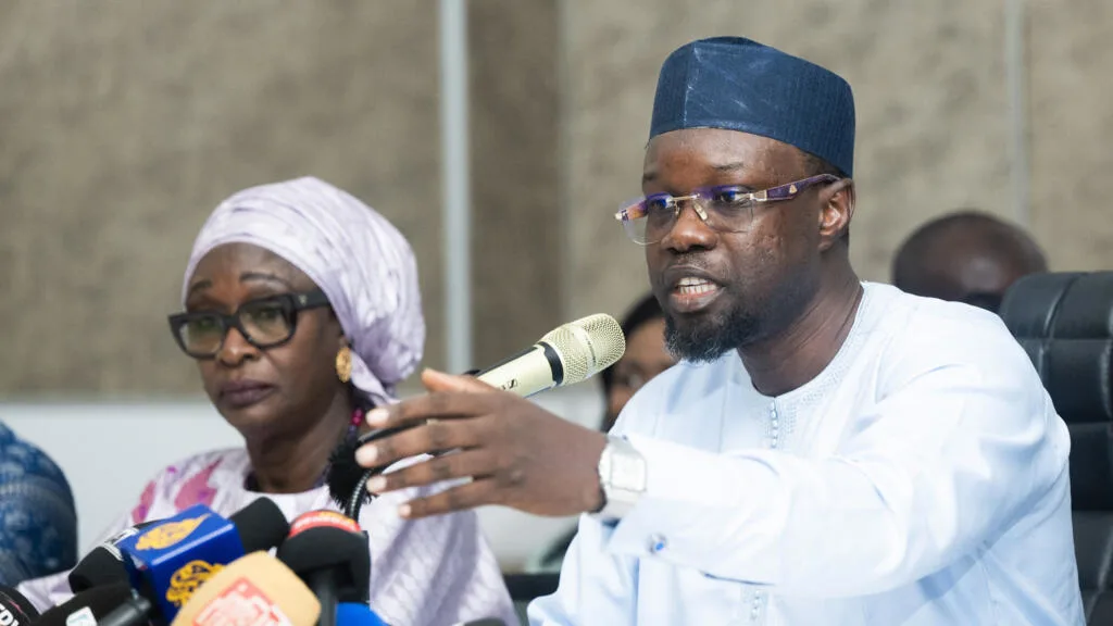 Ousmane Sonko speaking at a press conference in Dakar