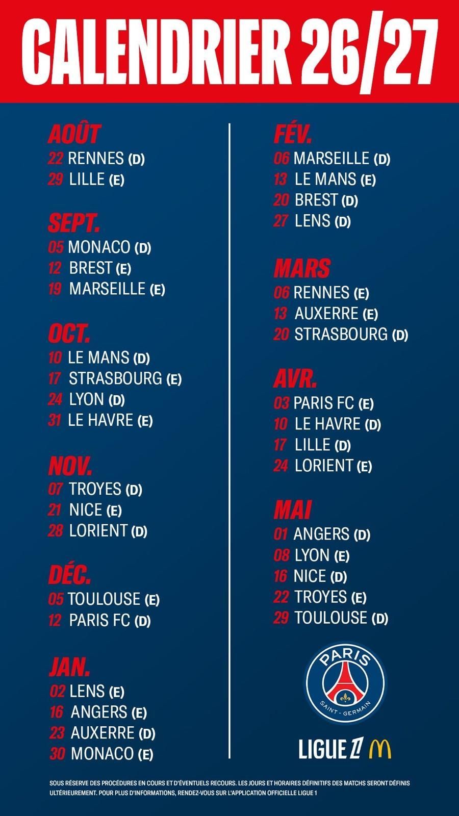 PSG 2026-2027 Ligue 1 calendar