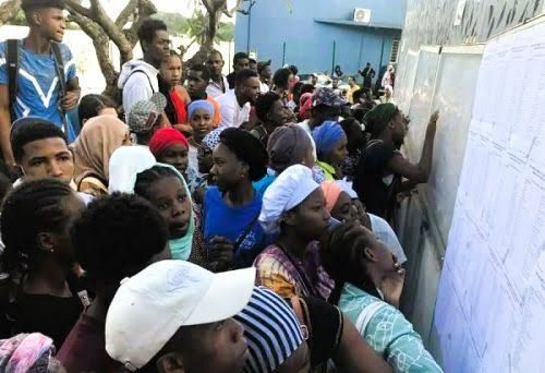 A group of students in N'Djamena reacting to baccalaureate results
