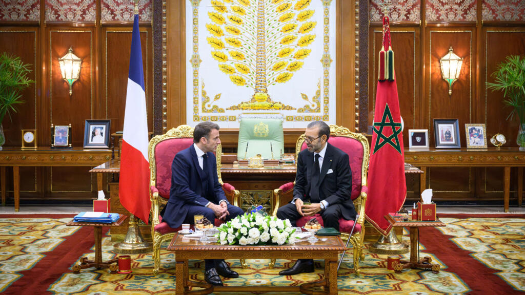 French President Emmanuel Macron greeted by Moroccan King Mohammed VI in Rabat, Morocco, on October 28, 2024