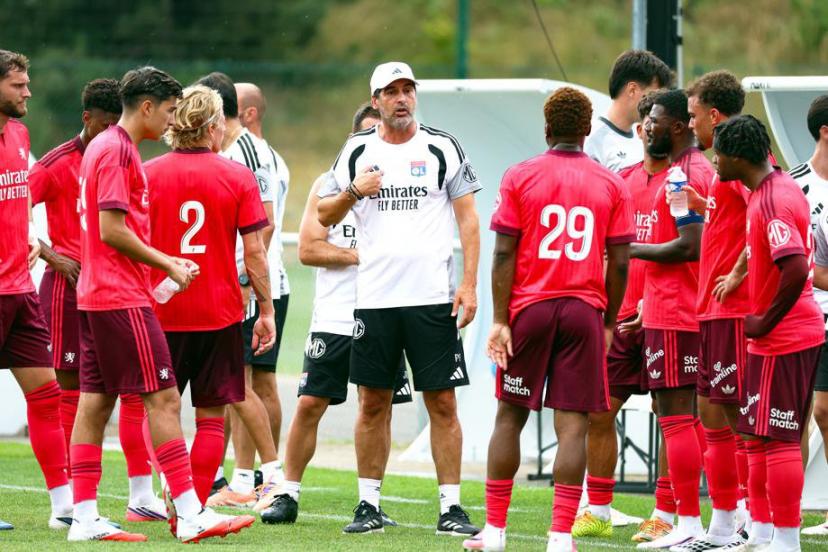 Paulo Fonseca with his players during Lyon's pre-season friendly against FC Saint-Gall