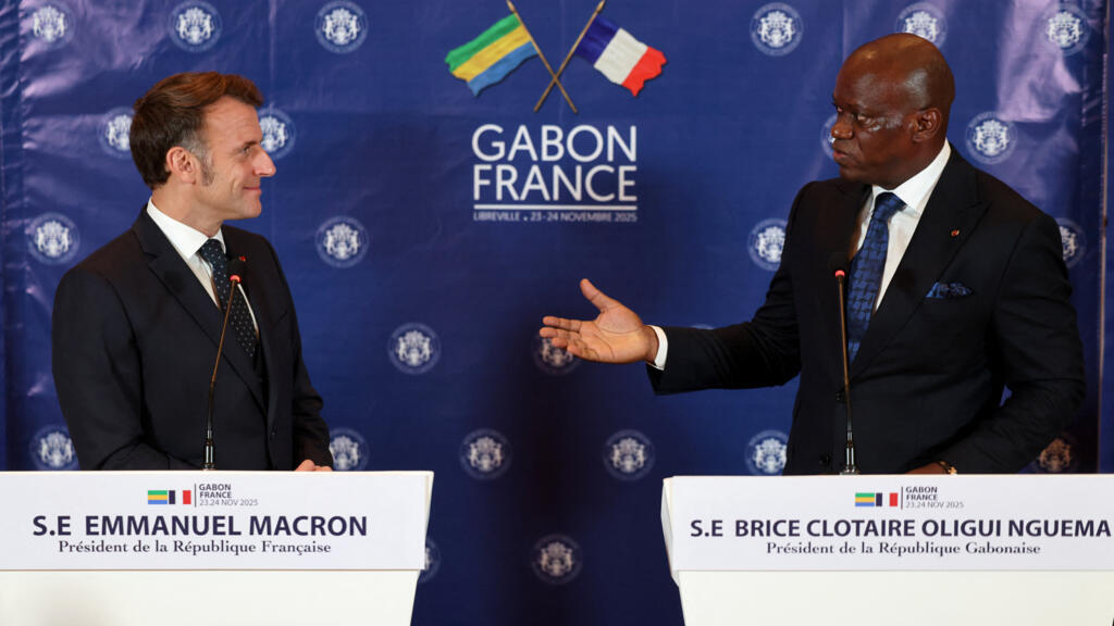 French and Gabonese presidents Emmanuel Macron and Brice Oligui Nguema during a joint press conference in Libreville, November 2025.