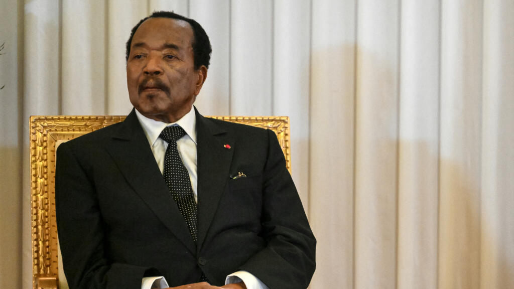 President Paul Biya of Cameroon listens to Pope Leo XIV (off-camera) delivering a speech at the presidential palace in Yaoundé during a three-day apostolic visit to Africa on April 15, 2026.