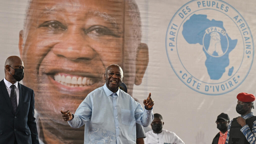 Former Ivorian president and leader of the Ivorian Popular Front (PPA-CI), Laurent Gbagbo (center), speaking at the closing ceremony of his party's first congress in Abidjan on May 15, 2026.